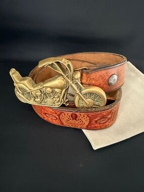 Harley Davidson Solid Brass Brown Leather Belt with Gold Motorcycle Buckle